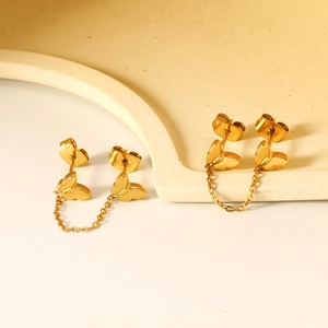 Butterfly Chain Linked Stud Earrings Gold Plated Stainless Steel Minimalist Elegant Fashion Jewelry Gift For Women