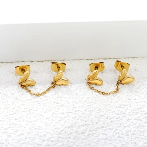 Elegant gold butterfly double stud earrings with chain link for multi-pierced ears