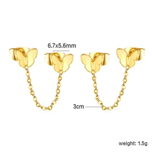 Elegant gold butterfly stud earrings with fine chain dangles in stainless steel
