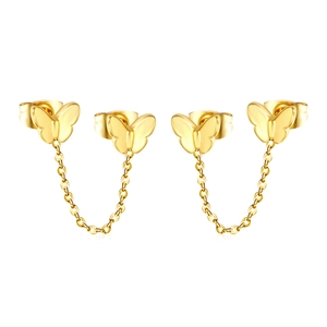 Elegant gold butterfly chain earrings featuring a minimalist double stud design on white background