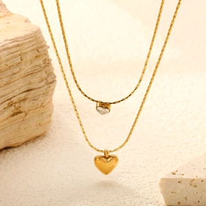 Collier Double Rang Pendentif Coeur Acier Inoxydable Zircon Plaqué Or Chaîne Clavicule Bijoux Élégants Pour Femmes