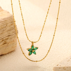18K gold plated double layer necklace with green zircon flower pendant on stone base