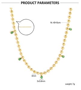 Detailed product parameters of 18K gold plated beaded necklace with green zircon pendants