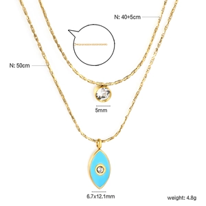 Double-layered 18K gold stainless steel necklace with zircon heart and evil eye pendant