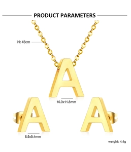 Detail showing gold letter A necklace and earrings set with 45cm chain length dimensions