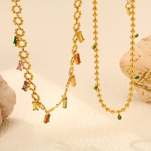 Stainless Steel 18K Gold Plated Necklace For Women With Colorful Zircon Pendants Pear And Rectangle Shaped Jewelry