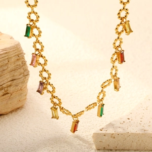 Elegant 18K gold-plated beaded necklace with multi-colored rectangular zircon gemstones