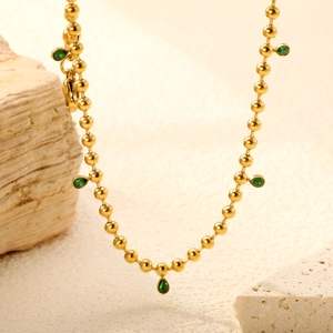 Vintage Emerald Necklace For Women 18K Gold Plated Stainless Steel Bead Chain With Teardrop Green Gemstone Pendants