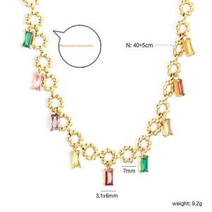 Gold floral link necklace with colorful rectangular zircon stones 40+5cm length