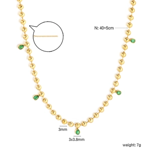 18K gold plated beaded necklace with pear-shaped green cubic zirconia pendants