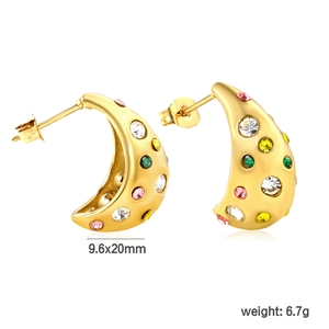 Golden crescent moon earrings with colorful rhinestones, 9.6x20mm stud design