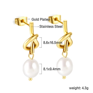 Boucles d'oreilles nœud en acier doré avec pendentifs élégants en perles