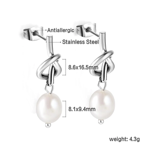 Vue détaillée des boucles d'oreilles nœud en acier inoxydable avec perles et dimensions