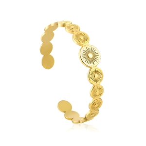 Bracelet jonc ouvert minimaliste avec motif soleil embossé en finition dorée