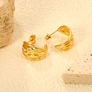 C Shaped Hoop Earrings Stainless Steel Gold Plated Irregular Wave Textured Zircon Studs Geometric Jewelry For Women