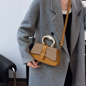Stylish yellow contrast leather handbag with gold U-handle and woven lid texture