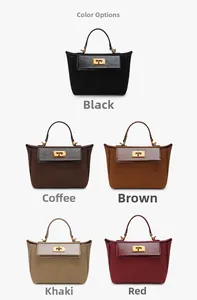 Detailed view of luxury handbags in black, coffee, brown, khaki, and red with gold locks
