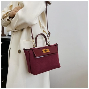 Detail showing the burgundy suede and leather mix handbag with gold twist lock buckle