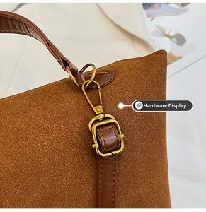 Detailed close-up of vintage golden hardware and brown suede texture on a handbag