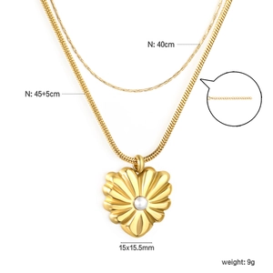 French vintage double-layered gold snake chain necklace with heart faux pearl pendant