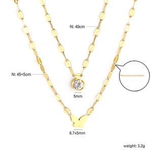 Golden double layer necklace set with heart butterfly pendant and clear zircon stone