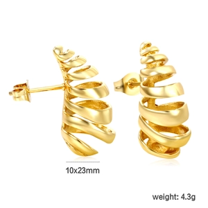 Detail shot of golden spiral wave earrings showing 10x23mm dimensions and 4.3g weight