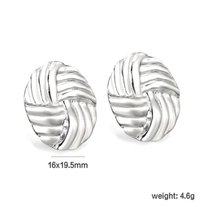 Detailed size view of silver oval woven earrings measuring 16x19.5mm and weighing 4.6g