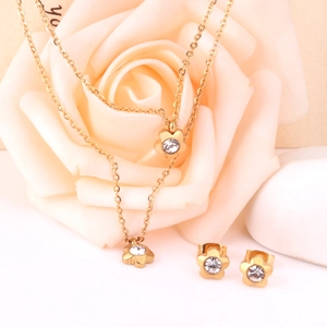 Elegant gold flower necklace and earrings jewelry set with sparkling zircon accents