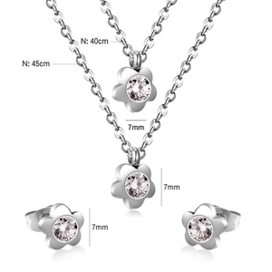 Polished stainless steel flower necklace and earring set with sparkling zircon crystals