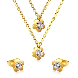 Stainless Steel Flower Jewelry Set With Cubic Zirconia Shiny Necklace And Stud Earrings For Women Sweet Style