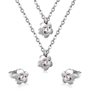 Luxury stainless steel flower jewelry set with sparkling CZ pendant necklaces and earrings