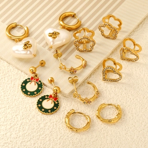 Boucles D'oreilles En Acier Inoxydable Plqué Or Cœur Fleur Strass Künstliche Perle Cerise Couronne Noël Bijoux Mode
