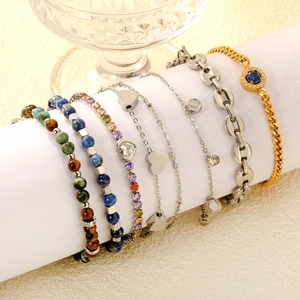 Stainless Steel Bracelet For Women Heart Moon Pendant Beaded Natural Stone Colorful Cubic Zirconia Jewelry