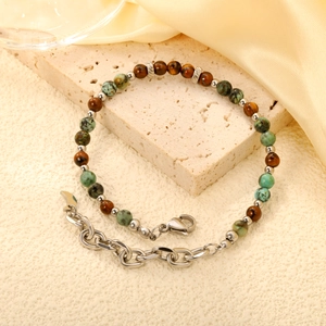 Bohemian mixed natural stone beaded bracelet with silver lobster clasp and extension chain