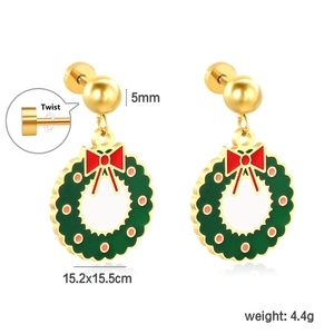 Christmas wreath stud earrings with red bow and green garland on white background