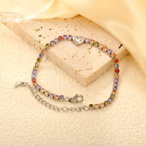 Colorful crystal heart bracelet in stainless steel with multi-color stones on stone base