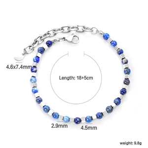 Bohemian blue lapis bead bracelet with stainless steel moon charm and extension chain
