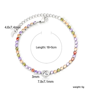 Colorful zircon tennis bracelet with heart stone and moon charm in stainless steel