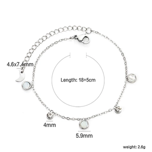 Silver stainless steel bracelet with white shell charm and crystal, 18 plus 5cm length