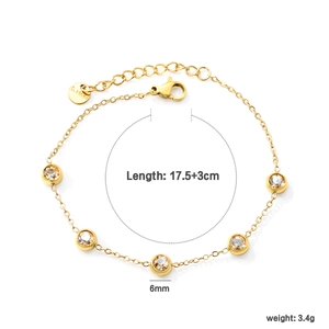 Gold stainless steel bracelet with 6mm round cubic zirconia stones and 17.5+3cm chain