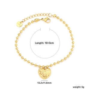 Bracelet à perles en acier inoxydable doré avec breloque cœur et chaîne de 18+3cm