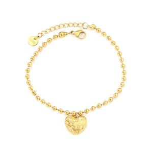 Bracelet à billes en acier inoxydable doré avec un pendentif cœur à texture tressée