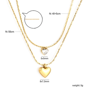 Collier double rang en acier inoxydable doré avec pendentif cœur et zircon