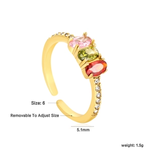 Anello regolabile placcato oro 18K con cristalli ovali rosa, verdi e arancioni