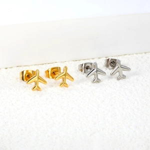 Polished stainless steel airplane stud earrings set in gold and silver finishes