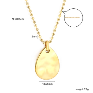 18K gold plated stainless steel necklace with hammered oval drop pendant and ball chain
