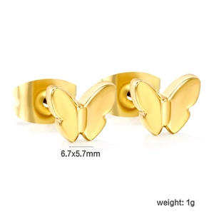 Polished gold butterfly stud earrings 6.7x5.7mm minimalist stainless steel jewelry