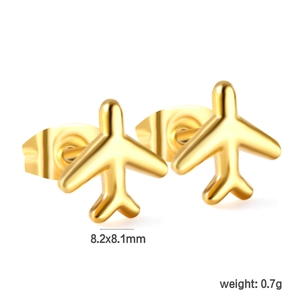 Detail view of small airplane stud earrings in gold stainless steel with 8.2x8.1mm dimensions