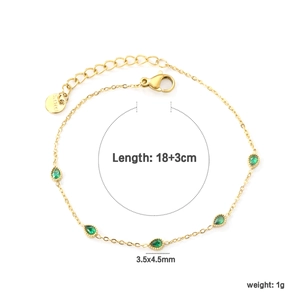 Bracelet doré en acier inoxydable avec cinq pierres gouttes vertes et dimensions