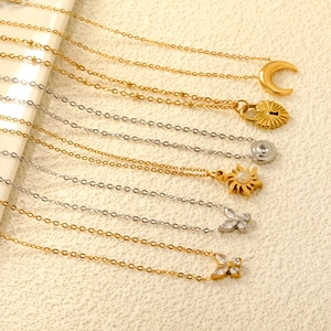 Stainless Steel Pendant Necklace Butterfly Heart Sun Moon Zircon Opal Fashion Jewelry For Women